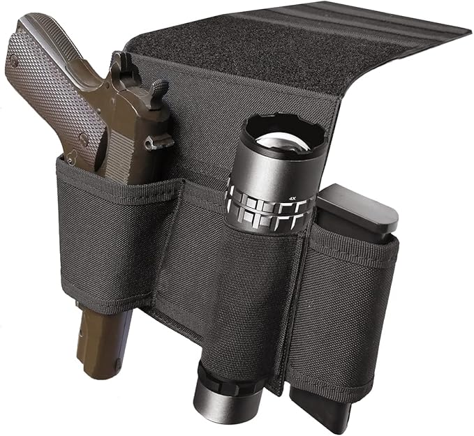 Bedside Pistol Holster, Tactical Bed Side Gun Holster, Under Mattress Handgun Holster with Flashlight Loop Holder