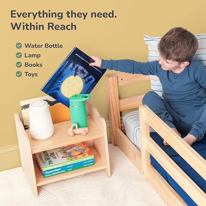 Ocodile Kids Nightstand for Floor Beds, Solid Wood Small Bedside Table with Book Pocket, Low Tiny Nightstand for Nursery, Toddler & Kids Room, Montessori Style Side Table - Varnished
