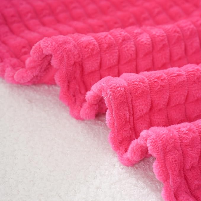 Puncuntex Flannel Fleece Throw Blanket Hot Pink 90"×90",Super Soft Plush Cozy Blanket with Square Grid Design Luxury for Couch Sofa Chair
