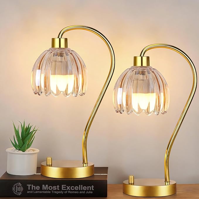 Small Table Lamp Set of 2,Gold Bedside Lamps Dimmable Boho Bedroom Lamp with Glass Tulip Flower Amber Lamp Shade,Vintage Mid Century Modern Mini Nightstand Lamp for Bedroom Living Room