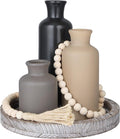 5 Pcs Rustic Country Tabletop Centerpieces Decor Set of 3 Boho Ceramic Vases with Wooden Serving Tray Wood Bead Garland Tassels Table Holder for Home Decorations (Dark Color)