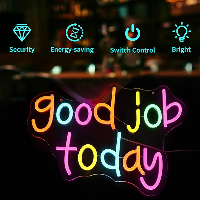 Neon Sign, HSJNJKFU Good Job Today Neon Signs for Wall Decor Led Light up Signs for Room, Library, Office, Party, Store, Business, Shop, Cafe, Home Decor Lights Sign, USB Powered