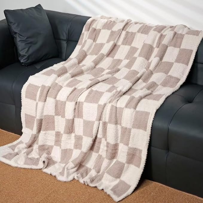 Soft Checkered Throw Blanket, Ultra Cozy Knit Throw Blanket Fluffy Fuzzy Reversible Checkerboard Blanket for Travel Couch Sofa Bed Decor, 51x63 inches, Cream White