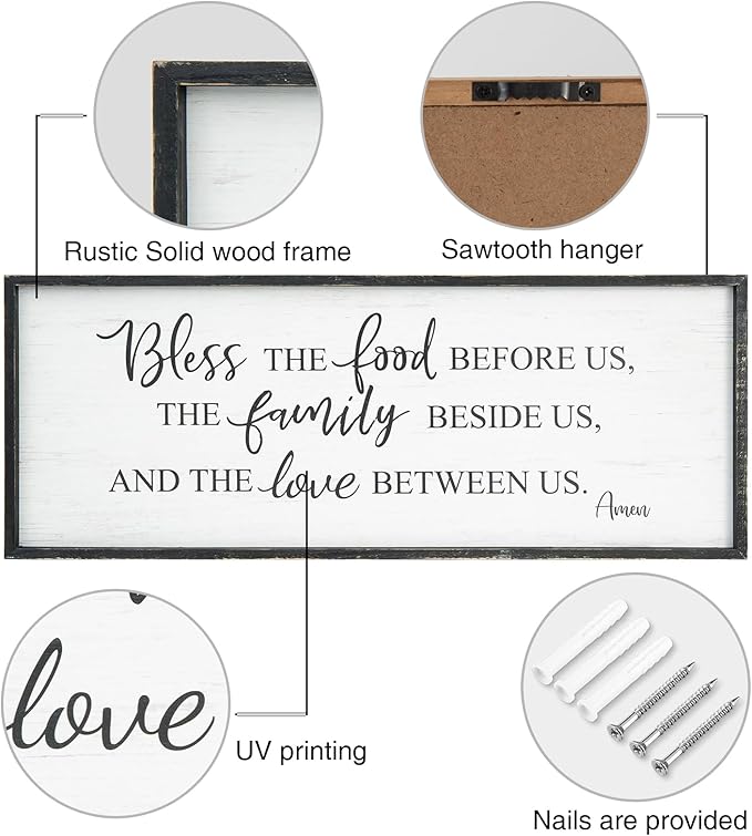 Bless The Food Before Us Home Decor Wall Sign For Family Kitchen Farmhouse Dining Room Vintage Rustic Retro Boho Wood House Wall Art Decoration For Living Room Bedroom 40 x 15 Inch black