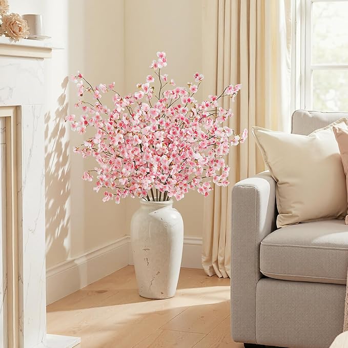 Uieke 24 Pcs Silk Cherry Blossom Branches, 40.5in Artificial Cherry Blossom Flowers Long Stems Fake Flowers Vase Arrangements for Wedding Home Japanese Decor, Pink