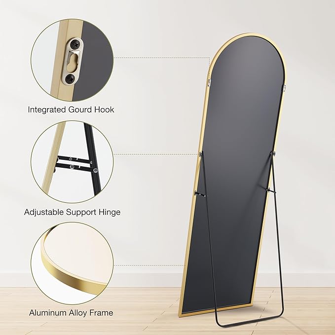 OLIXIS Arched Full Length Mirror 59"x16.3" for Bedroom, Full Body Mirror with Stand, Hanging or Leaning for Wall, Aluminum Alloy Thin Frame Floor Standing for Living Room, Long, Gold