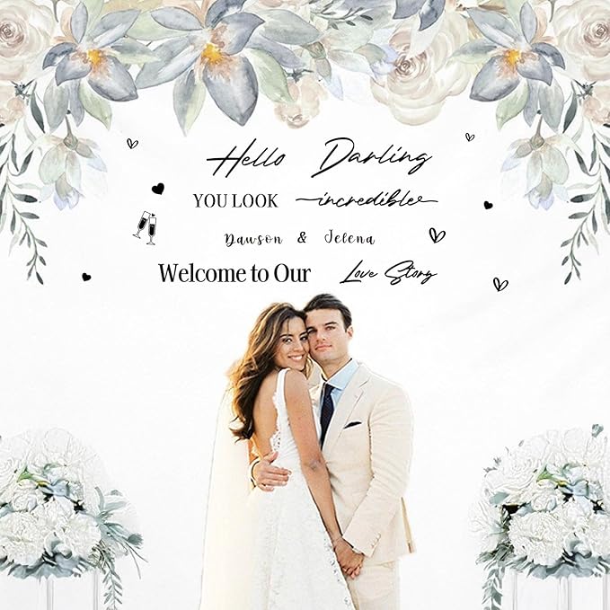 HLNIUC Welcome To Our Love Story Mirror Stickers Double-Sized 2Pcs,DIY Lettering Wedding Wall Decal,Bride And Groom Names Decals,Hello Darling Wedding Sticker for Window Sign Marriage Decoration
