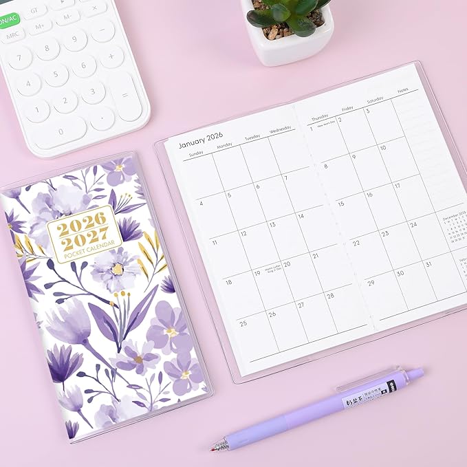 Pocket Calendar 2026-2027, Purple 2026-2027 Monthly Planner - 3.7" x 6.7" - Runs from January 2026 Until December 2027, Small Pocket Calendar 2026 with PVC Cover for Planning