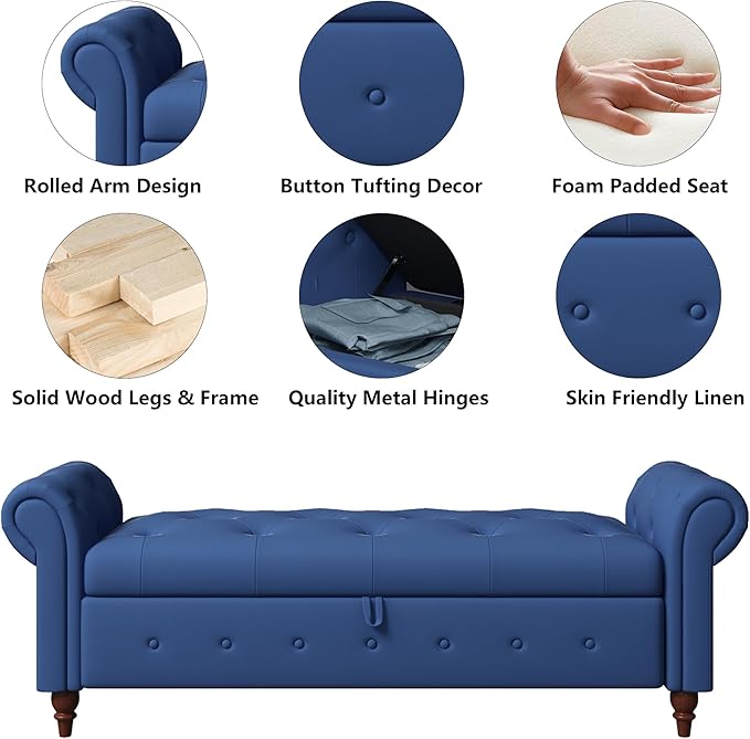 Aoowow Rolled Arm Storage Benches for Bedroom End of Bed Ottoman Bench 63" Long Bench with Storage and Seating for Living Room,Entryway,Window,Button Tufted with Solid Wood Legs (Linen Navy Blue)