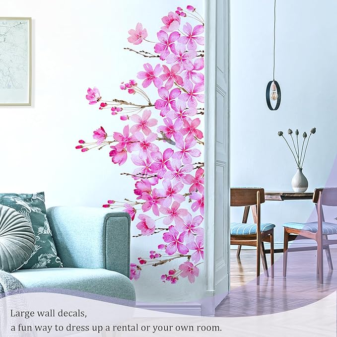 Cherry Blossom Flowers Wall Decals Peel and Stick, Large Floral Vinyl Wall Stickers, Removable Vine Home Decor Art for Bedroom Living Room Classroom Office