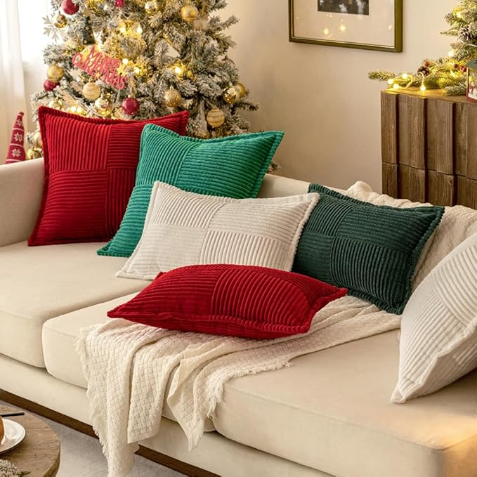 MIULEE Decorative Euro Sham Throw Pillow Covers for Couch Bed Livingroom 24x24 Inch Set of 2 Dark Green Boho Accent Throw Pllows Broadside Striped Patchwork Soft Corduroy Pillowcases