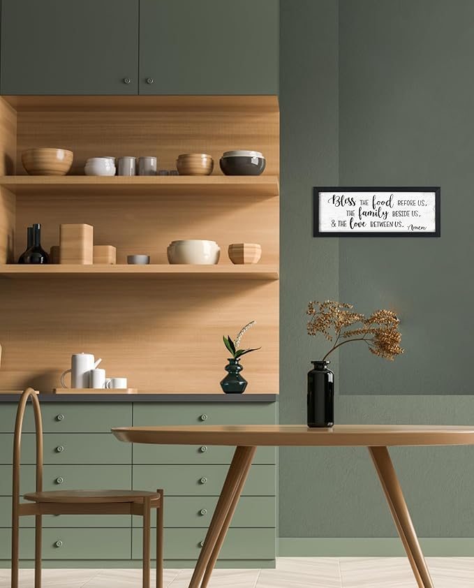 Bless the Food Before Us Wall Decor: Christian Bible Verse Wall Art Farmhouse Kitchen Dining Room Wall Decor Framed Small Plaque with Sayings - The Family Beside Us and The Love Between Us Signs