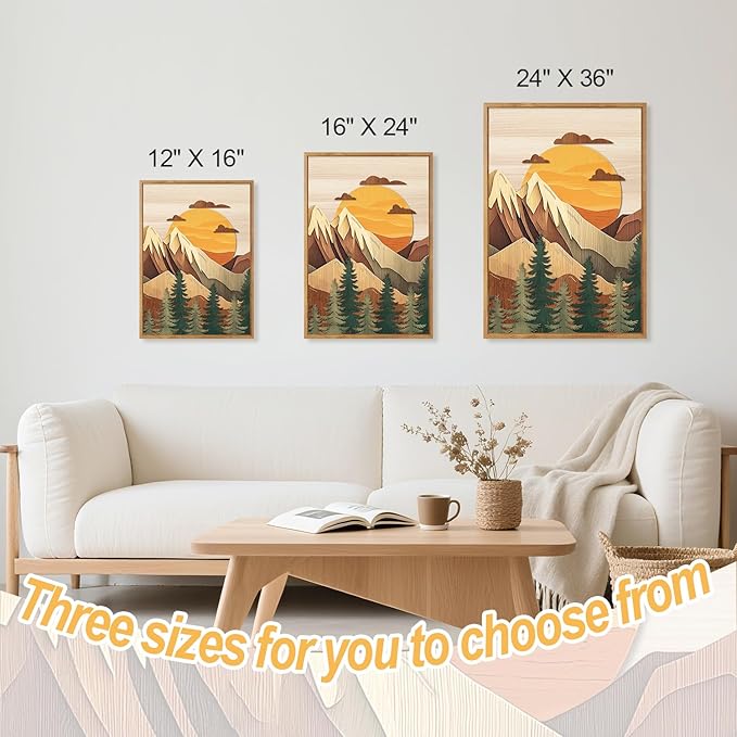 CHDITB Mountain Landscape Framed Wall Art Set, Neutral forest Wall Decor, Nature Pine Tree Sunset Wall Painting, Large Vintage Wood Mountain Art Prints For Living Room Bedroom Office Decor 12”X16”x3