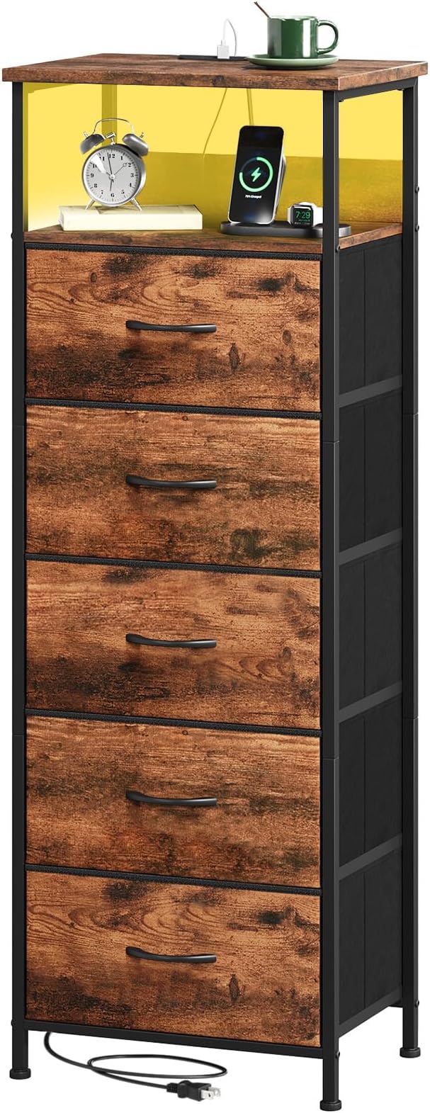 Somdot Tall Nightstand with Charging Station and LED Light for Bedroom, 5 Drawers Dresser with Fabric Bins for Bedside Kids Dorm Room Closet Laundry Entryway, Wood Grain Print
