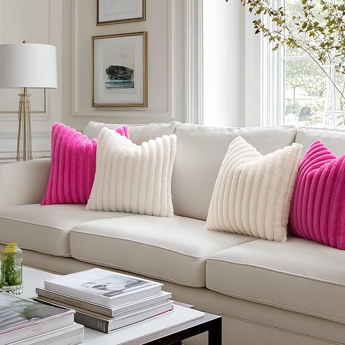 MIULEE Faux Fur Decorative Throw Pillow Covers 18x18 Inch Set of 2, Retro Vintage Boho Spring Home Decor Soft Plush Couch Pillows Cozy Fluffy Cushion Covers for Sofa Bed Hot Pink