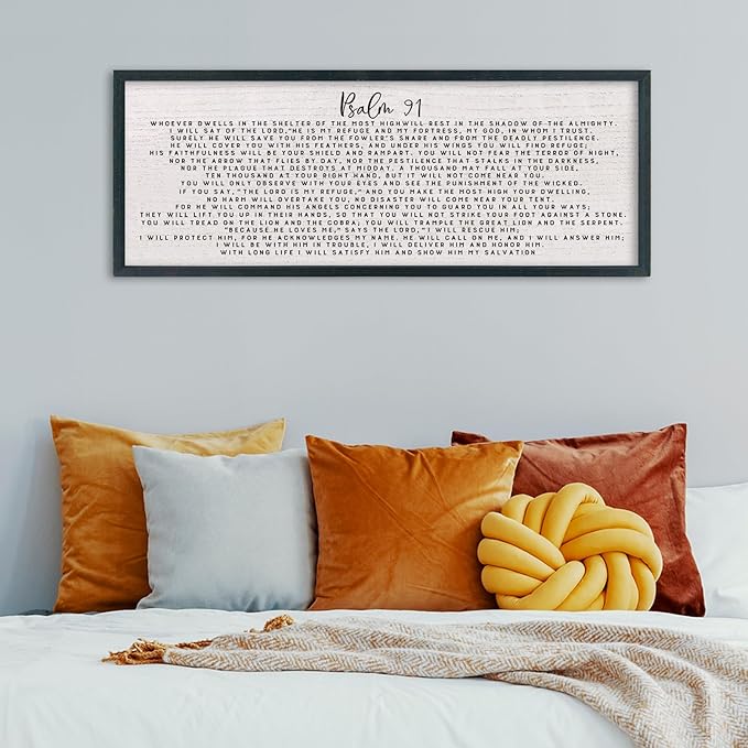 comurdyo Bible Verse Psalm 91 Wall Art Decor 32"X12" Christian Catholic Prayer Sign for Modern Simple Family Large Farmhouse Living Room Wood Framed Wall Horizontal Hanging Decor (Black)