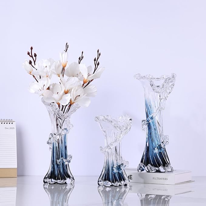 Hand Blown Blue Glass Vase, Unique Art Beautiful Ocean Glass Vase for Home Centerpiece, Coffee Table, Living Room, Office Decor - 9.8" H (Medium)