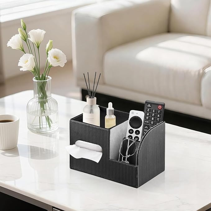 Fanousy Modern PU Leather Cube Tissue Box Cover with Storage Tray, Multifunctional Remote Control Holder & Facial Tissue Dispenser Organizer for Nightstand, Bathroom, Bedroom, Office & Home Decor