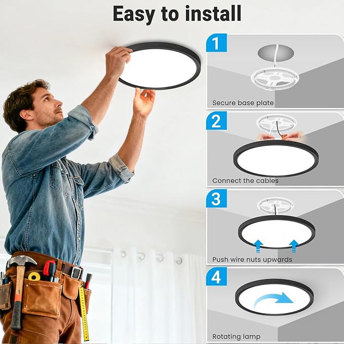 8 Pack LED Flush Mount Ceiling Light,12Inch 24W,3000K/3500K/4000K/5000K/6500K 5 Color Temperatures Ceiling Light Fixture for Kitchen Porch Hallway Bedroom Bathroom and Closet,Black