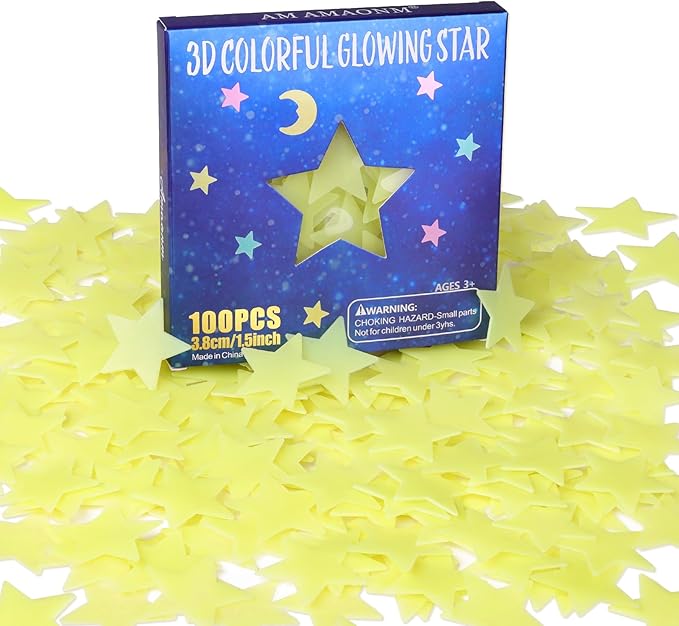 AM AMAONM 100pcs Glow in The Dark Luminous Stars Fluorescent Noctilucent Plastic Wall Stickers Murals Decals for Home Art Decor Nursery Ceiling Wall Decorate Kids Babys Bedroom Room Yellow