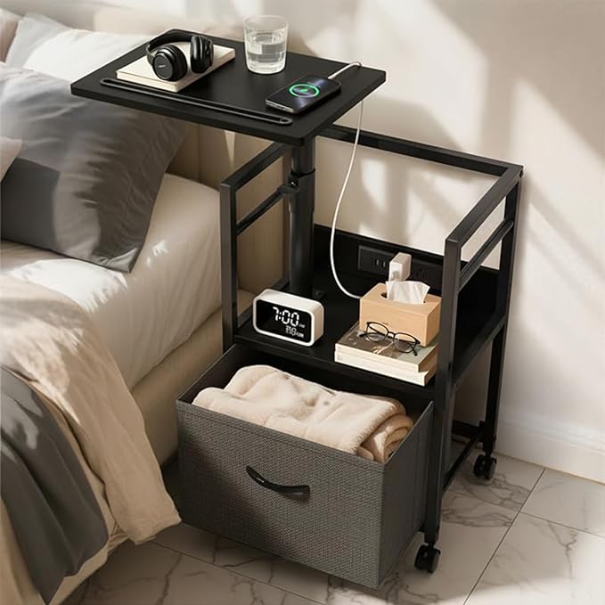360° Swivel Nightstand with Height Adjustable, Lift Top Bedside Table with Charging Station, Rolling Night Stand with Fabric Drawer, End Table with Wheels, for Bedroom, Living Room, Black Gray