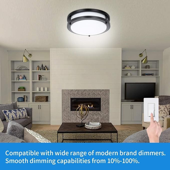 Drosbey 50W Dimmable LED Ceiling Light Fixture, Kitchen Light Fixtures, 13.2 inch Flush Mount Ceiling Lights for Bedroom, Bathroom, 2700K/3000K/3500K/4000K/5000K Selectable, Super Bright 5000LM, Black