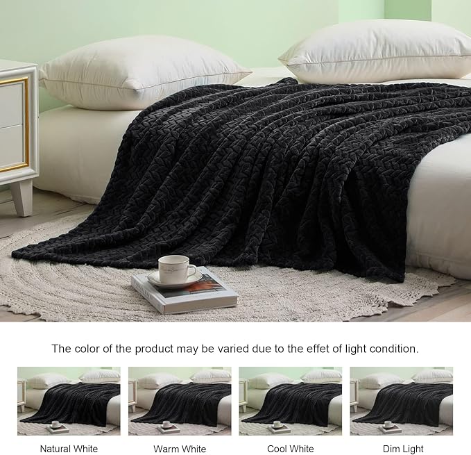 Exclusivo Mezcla Fleece Queen Size Blanket for Bed, 90x90 Inches Soft Cozy Jacquard Flannel Blankets, Lightweight Fuzzy Plush Warm for Women, Black