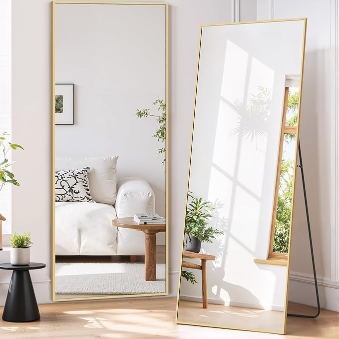 Full Length Mirror 64"x21" Full Body Mirror Rectangle Free Standing Wall Mounted Leaning Floor Mirrors with Stand Aluminum Alloy Frame for Bedroom Cloakroom, Gold