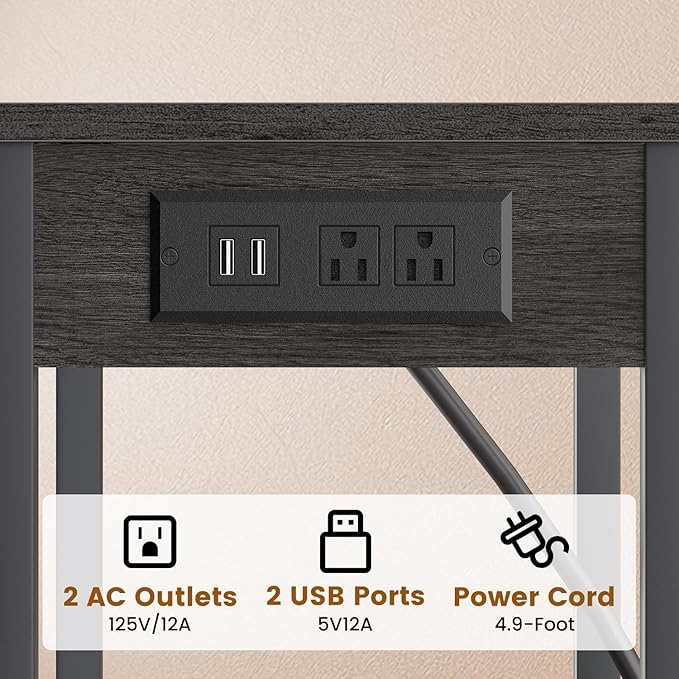 Tall Nighstand with Charging Station, 3 Tier Small End Table with Storage, Skinny Side Table with USB Ports and Outlets for Bedroom, Living Room, Office, Carbon Gray