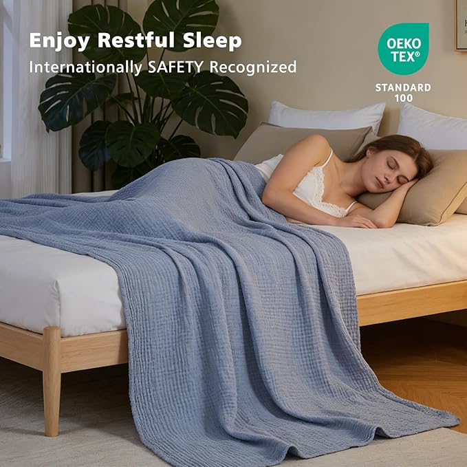 EMME Cotton Muslin King Blanket Bed Layering Bedspread Coverlet Breathable Gauze Soft Lightweight Blankets (Heather Dusty Blue, 108"x90")