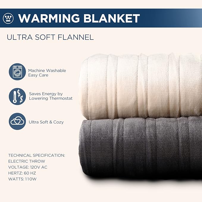 Westinghouse Electric Blanket Queen Size, Super Cozy Soft Flannel 84"" x 90"" Heated Blanket with 10 Fast Heating Levels & 1-12 Auto-Off, Machine Washable, ETL&FCC Certification, Charcoal