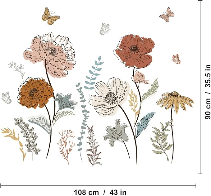 Large Boho Flower Wall Decals, Floral Grass and Butterfly Wall Stickers for Bedroom Living Room Decor Gifts for Mom