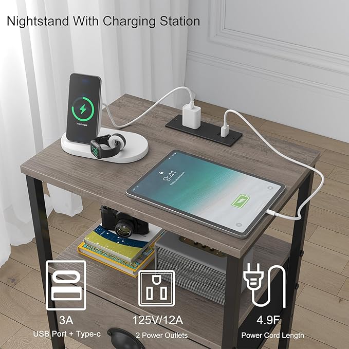 Nightstands Set of 2, Night Stands with Charging Station and Fabric Drawer, Grey Bedside Tables with Drawers, 2- Tier Side Table with Storage, Nightstands with Charging Station,Grey