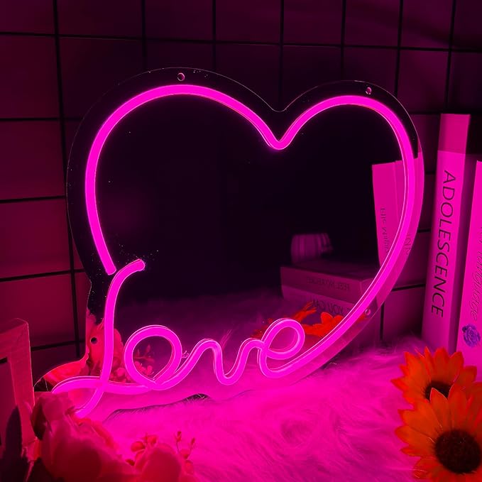 Anime Love Neon Mirror, Cute Makeup Mirror with Led Light, Dimmable Neon Sign for Teen Girls, Decor for Girls Room