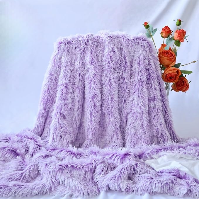 Plush Super Soft Blanket Bedding Sofa Cover Furry Fuzzy Fur Warm Throw Qulit Cozy Couch Blanket for Winter (51"x63",Violet and White)