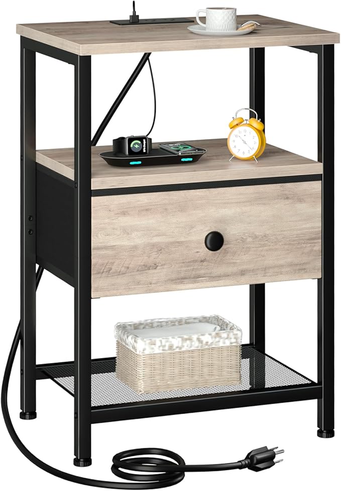 Night Stand with Charging Station, Small Bedside Table with Fabric Drawer, Nightstand with USB Ports & Outlets for Bedroom, Living Room, Grey, HETS010GY-1