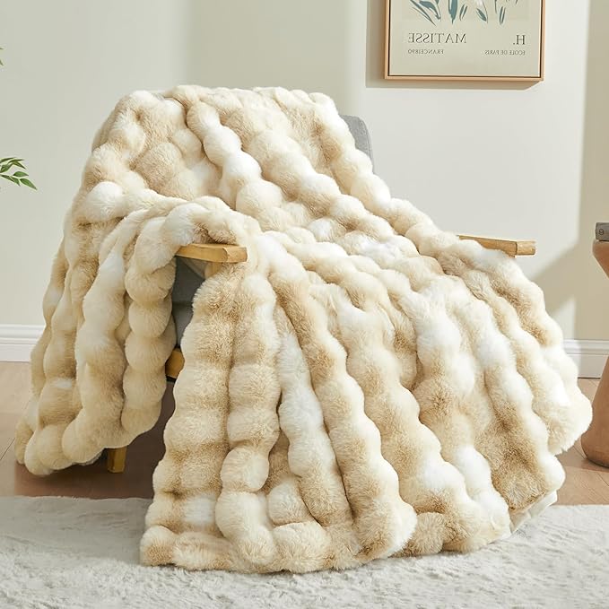 BEDELITE Faux Fur Throw Blanket for Couch, Decorative Tie-Dye Khaki Plush Bubble Blanket - Super Soft & Cozy Fluffy Faux Rabbit Fur Blanket for Women Gift, 60x80 Inches