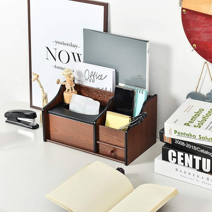Cherry Brown Wood Desk Organizer Tissue Box Lid Multiple Slots Drawer Tabletop Storage Cabinet Solid Wood Phone Tablet Remote Control Holder Office Supplies Caddy Accessory Sorter Home