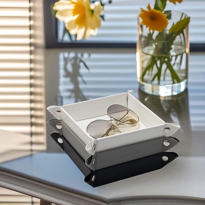 UnionBasic Small Valet Tray, Jewelry Tray for Rings Watches Earrings, Entryway Catchall Caddy for Coins Keys Change, Nightstand Bedside Valet Holder, Trays for Electronic Gadgets, White