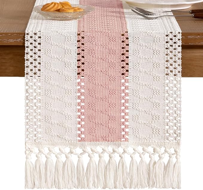 Socomi Boho Table Runner Easter Spring Farmhouse Rustic Dining Kitchen Centerpiece Decor Small Macrame Woven Cotton Linen Coffee Table Runner for Dresser Scarf Home Decor 12x36 inPink Ivory