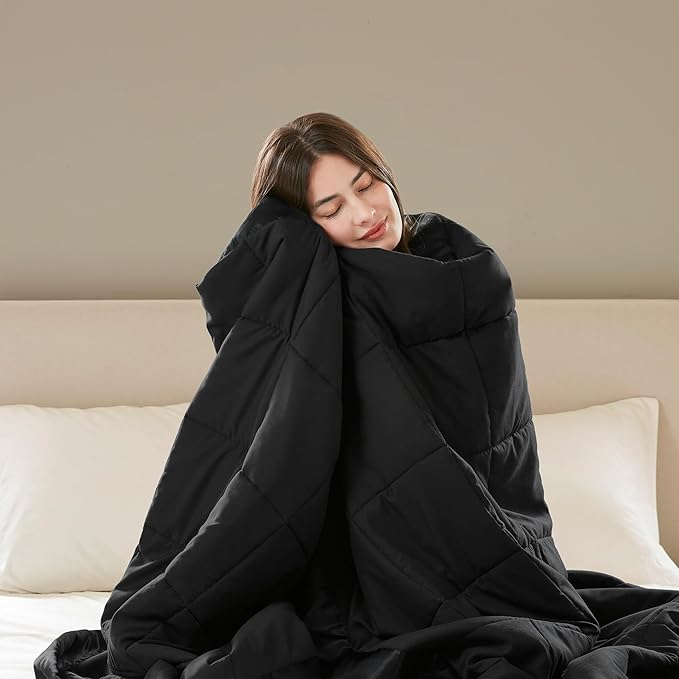 Madison Park Twin Size Blanket Ultra-Soft Microfiber Twin Size, Box Quilting with Satin Binding, All Season & Lightweight Twin Summer Blanket for Bed, Couch & Sofa, Twin, Black