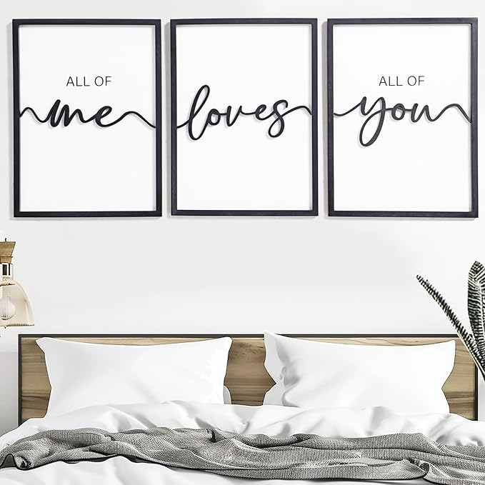 3D Wood All of Me Loves All of You Sign Bedroom Wall Decor 36x16”, Above Bed Wall Decor for Couple Bedroom Decor(12x16 inches, Set of 3, Framed)