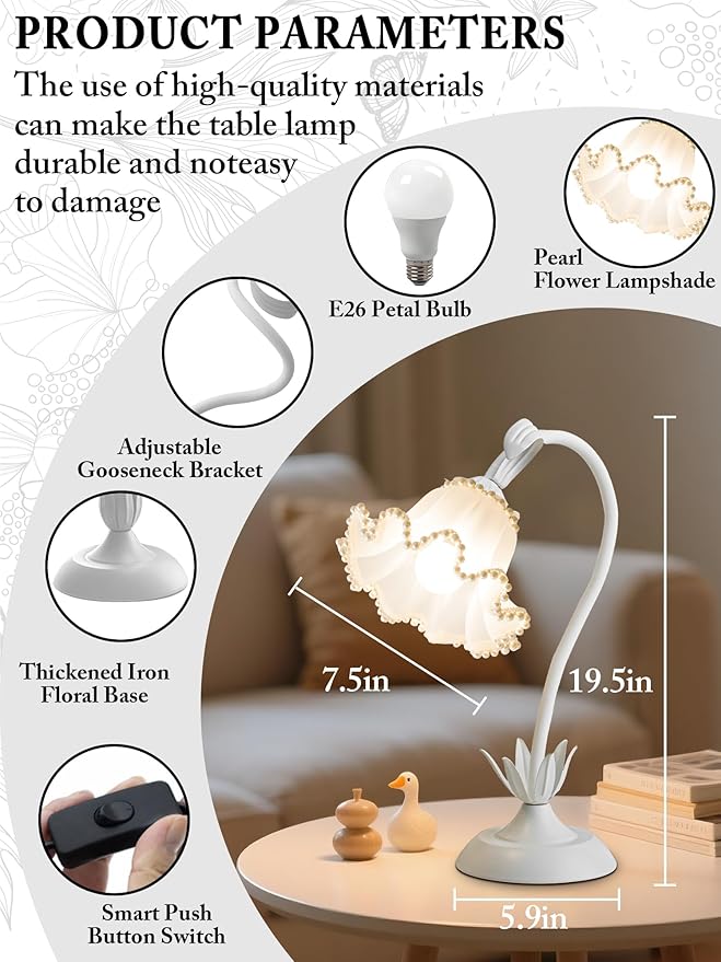 Flower Table Lamp,LED Reading Light Bedside Vintage Flower Night Light,3 Colors Modes Kawaii Bedside Lamps Decor,Living Room Bedroom Room Lighting Table Lamps Home Decoration (White Pearls)