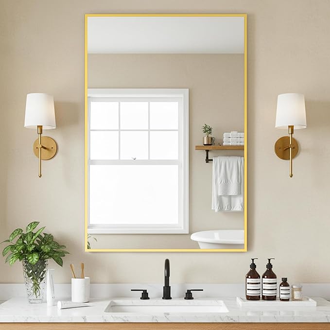 FICTOR Bathroom Vanity Mirror-Gold,36x24 Inch, Shatterproof & Anti-Rust, Wall Mount Rectangle Mirrors with Metal Frame for Over Sink, Bathroom, Bedroom, Living Room,Entryway