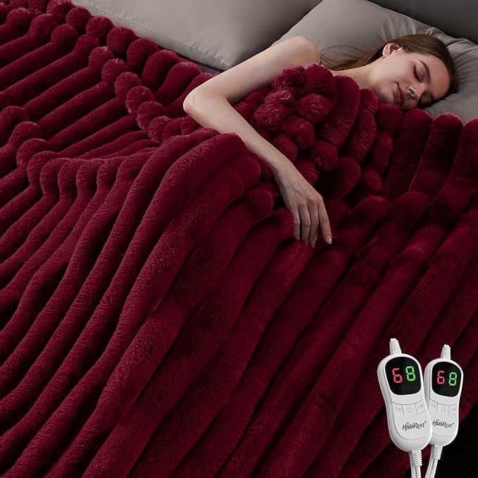 Heated Throw Blanket, Faux Fur Cozy Heating Blanket with Overheat Protection, 1/2/4/6/8 Hours Auto-Off 10 Heat Level, Machine Washable (84x90 Inches, Red)