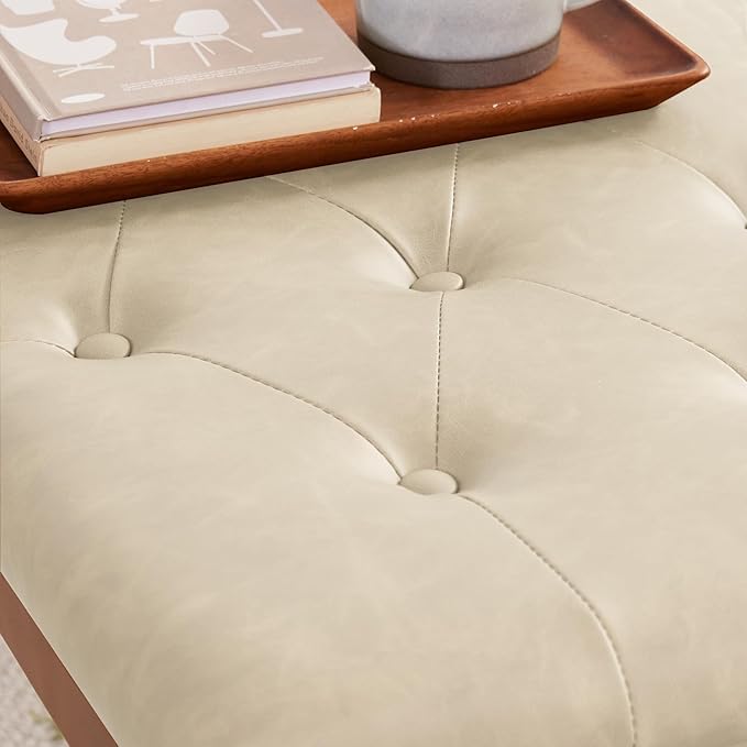 Ottoman Bench Upholstered Padded Seat with Solid Wood Legs and Button-Tufted, Big Oversized Ottoman, Faux Leather Sand Grey