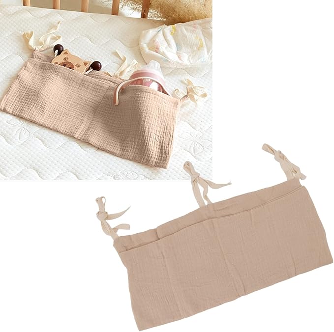 Diaper Caddy, Pure Cotton Cloth Baby Bedside Hanging Storage Bag Diaper Stacker Crib Organizer Hanging for Crib 2 Pockets Adjustable Strap Organizer for Baby Cribs and Toys (Khaki)
