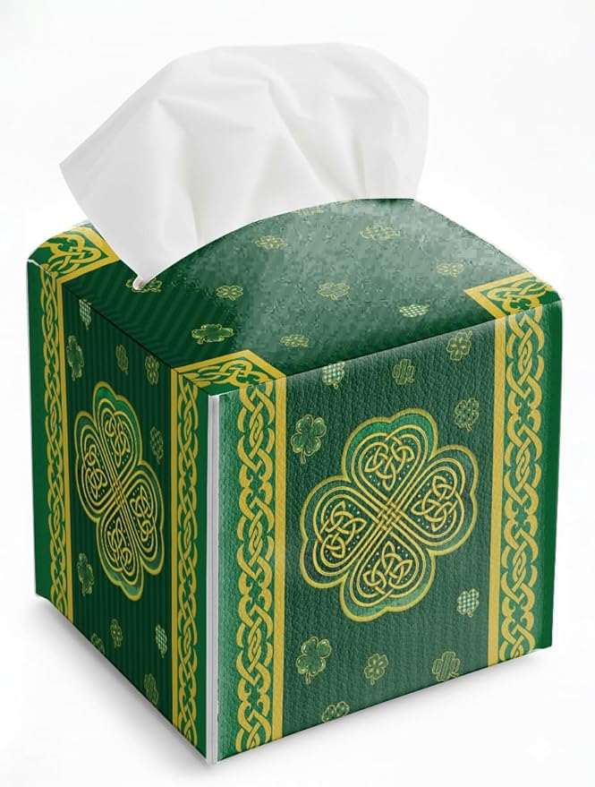 St.Patrick's Day Napkin Tissue Box Cover, Green Stripes Shamrock Waterproof Leather Paper Organizer Dispenser for Table Dining, Bathroom, Nightstand Vanity, Car, Housewarming Gift Ideas, F