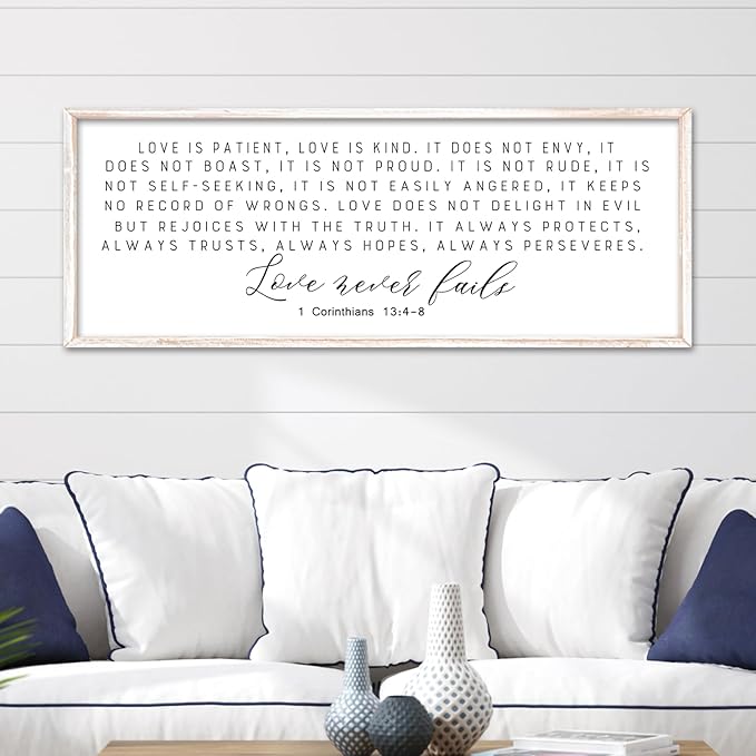 Love is Patient Wall Art Decor 40"×15" Love is Kind Bible Verse Sign 1 Corinthians 13 4-8 Scripture Quote Master Bedroom Above Bed Christian Couple Large Wood Framed Hanging (White)