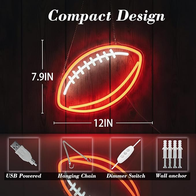 Football Neon Sign for Wall Decor, Dimmable LED Light for Bedroom Sports Room Decor, Football Gifts for Boys 8-12, 12 x 7.9 Inches
